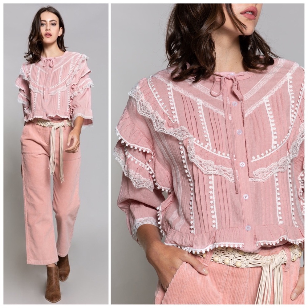 POL Malta Ruffles Pink Boxy Woven Lace Top - Picture 4 of 11